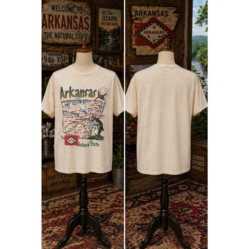 Vintage Arkansas Natural State Map Tee Delta Pro Weight USA L